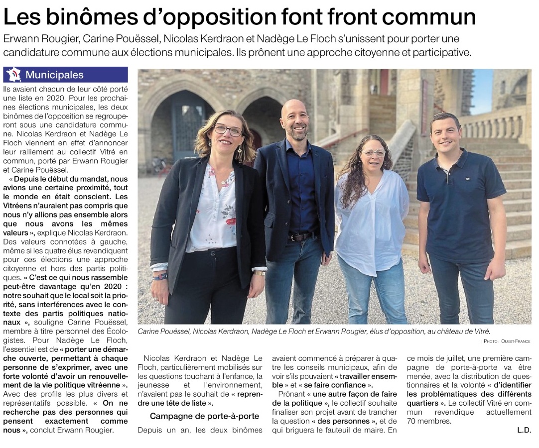 Lire la suite à propos de l’article Municipales 2026 à Vitré : les binômes d’opposition font front commun pour une candidature citoyenne – Ouest-France